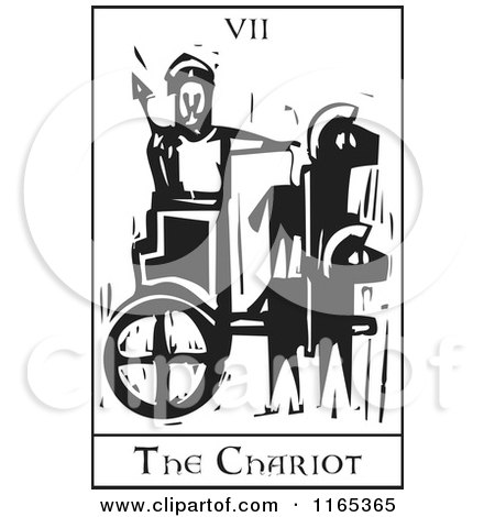 Clipart of a Tarot Card of the Chariot Black and White Woodcut - Royalty Free Vector Illustration by xunantunich