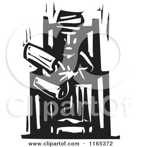 Clipart of a Man in a Turban, Reading a Scroll Black and White Woodcut - Royalty Free Vector Illustration by xunantunich