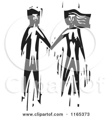 Clipart of a Couple Holding Hands Black and White Woodcut - Royalty Free Vector Illustration by xunantunich