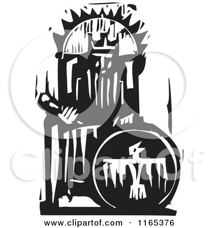 Clipart of an Emperor on His Throne Black and White Woodcut - Royalty Free Vector Illustration by xunantunich