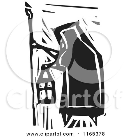 Clipart of a Hermit Black and White Woodcut - Royalty Free Vector Illustration by xunantunich