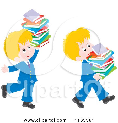 Cartoon of a Private School Boy Carrying Stacks of Books - Royalty Free Vector Clipart by Alex Bannykh