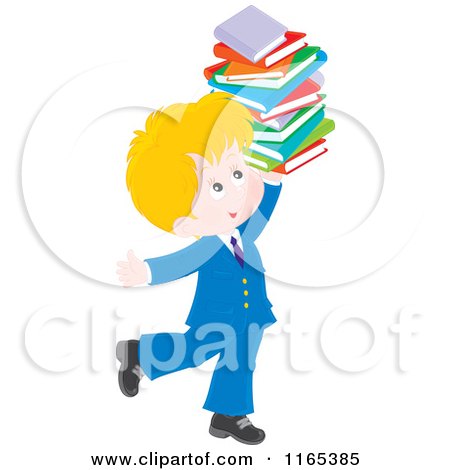 Cartoon of a Happy Private School Boy Carrying a Stack of Books - Royalty Free Vector Clipart by Alex Bannykh