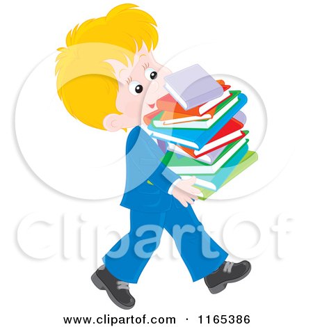 Cartoon of a Private School Boy Carrying a Stack of Books - Royalty Free Vector Clipart by Alex Bannykh