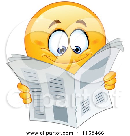 Cartoon of a Happy Emoticon Smiley Reading a Newspaper - Royalty Free Vector Clipart by yayayoyo