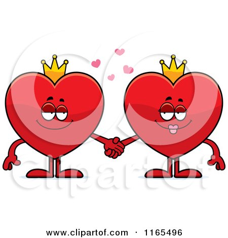 Cartoon of King and Queen Red Heart Card Suit Mascots Holding Hands - Royalty Free Vector Clipart by Cory Thoman