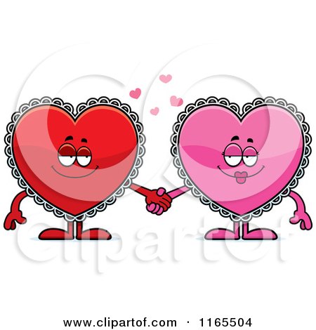 Cartoon of Red and Pink Doily Hearts Holding Hands - Royalty Free Vector Clipart by Cory Thoman