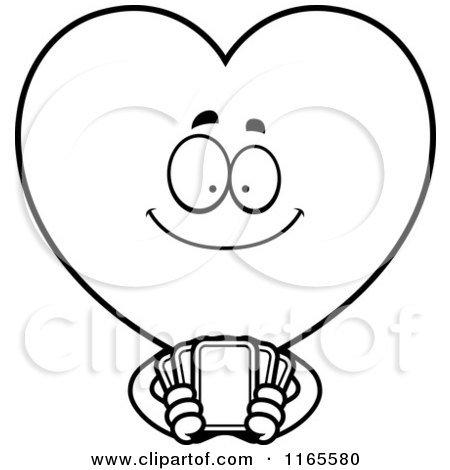 Cartoon Clipart Of A Heart Card Suit Mascot Holding Playing Cards - Vector Outlined Coloring Page by Cory Thoman