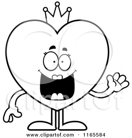 Cartoon Clipart Of A Waving Queen Heart Card Suit Mascot - Vector Outlined Coloring Page by Cory Thoman