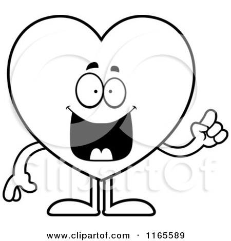 Cartoon Clipart Of A Heart Card Suit Mascot with an Idea - Vector Outlined Coloring Page by Cory Thoman