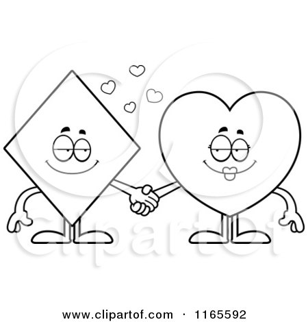 Cartoon Clipart Of Diamond and Heart Card Suit Mascots Holding Hands - Vector Outlined Coloring Page by Cory Thoman