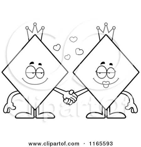 Cartoon Clipart Of Diamond King and Queen Card Suit Mascots Holding Hands - Vector Outlined Coloring Page by Cory Thoman