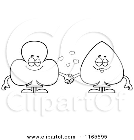 Cartoon Clipart Of Club and Spade Card Suit Mascots Holding Hands - Vector Outlined Coloring Page by Cory Thoman
