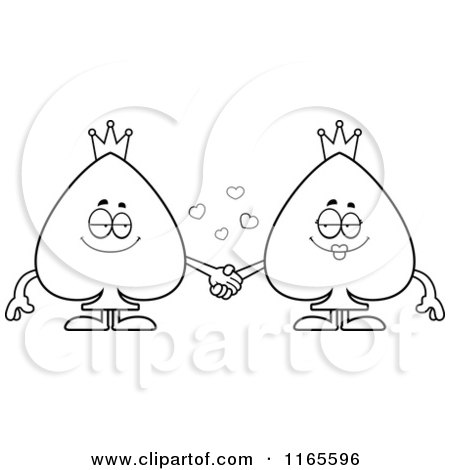 Cartoon Clipart Of Spade Couple Card Suit Mascots Holding Hands - Vector Outlined Coloring Page by Cory Thoman