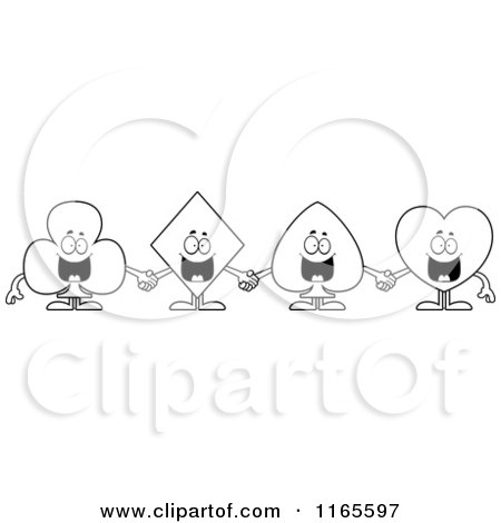 Cartoon Clipart Of Club Diamond Spade and Heart Card Suit Mascots Holding Cards - Vector Outlined Coloring Page by Cory Thoman