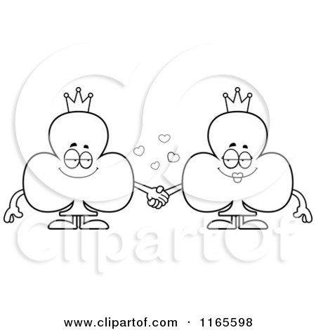 Cartoon Clipart Of a King and Queen of Club Card Suit Mascots Holding Hands - Vector Outlined Coloring Page by Cory Thoman