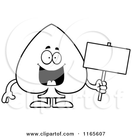 Cartoon Clipart Of A Spade Card Suit Mascot Holding a Sign - Vector Outlined Coloring Page by Cory Thoman
