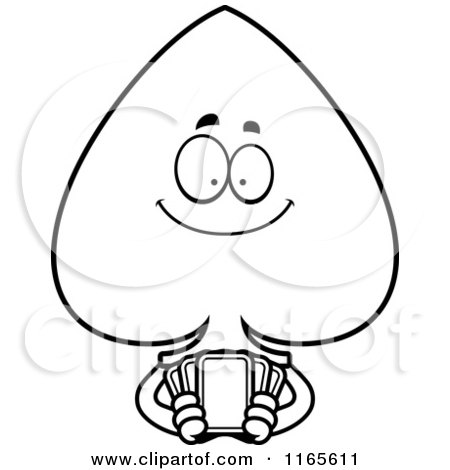 Cartoon Clipart Of A Spade Card Suit Mascot Holding Cards - Vector Outlined Coloring Page by Cory Thoman