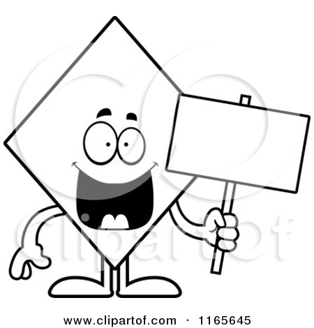 Cartoon Clipart Of A Diamond Card Suit Mascot Holding a Sign - Vector Outlined Coloring Page by Cory Thoman
