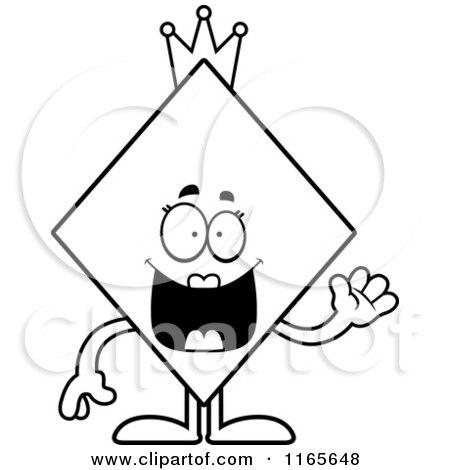 Cartoon Clipart Of A Waving Queen Diamond Card Suit Mascot - Vector Outlined Coloring Page by Cory Thoman