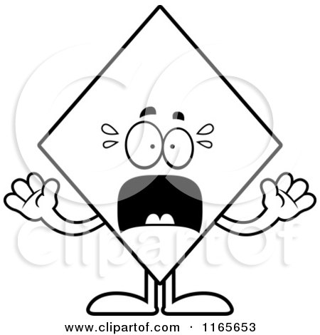 Cartoon Clipart Of A Scared Diamond Card Suit Mascot - Vector Outlined Coloring Page by Cory Thoman