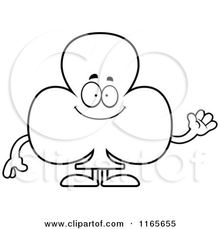 Cartoon Clipart Of A Waving Club Card Suit Mascot - Vector Outlined Coloring Page by Cory Thoman
