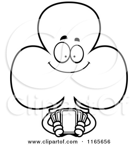 Cartoon Clipart Of A Club Card Suit Mascot Holding Cards - Vector Outlined Coloring Page by Cory Thoman
