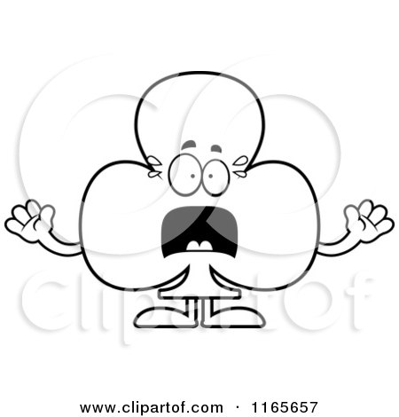 Cartoon Clipart Of A Scared Club Card Suit Mascot - Vector Outlined Coloring Page by Cory Thoman