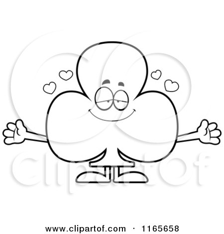 Cartoon Clipart Of A Loving Club Card Suit Mascot Wanting a Hug - Vector Outlined Coloring Page by Cory Thoman