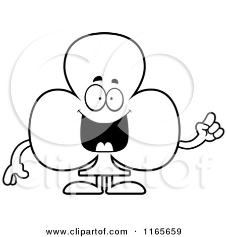 Cartoon Clipart Of A Club Card Suit Mascot with an Idea - Vector Outlined Coloring Page by Cory Thoman