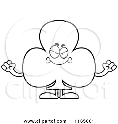 Cartoon Clipart Of A Mad Club Card Suit Mascot - Vector Outlined Coloring Page by Cory Thoman