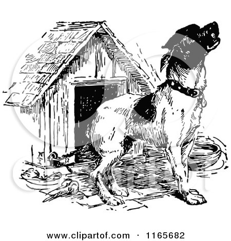 Clipart of a Retro Vintage Black and White Dog by a Doggy House - Royalty Free Vector Illustration by Prawny Vintage