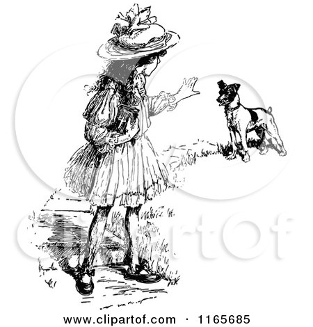 Clipart of a Retro Vintage Black and White Teaching a Dog to Stay - Royalty Free Vector Illustration by Prawny Vintage