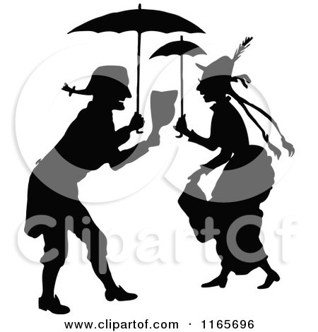 Clipart of a Silhouetted Couple Under Umbrellas - Royalty Free Vector Illustration by Prawny Vintage