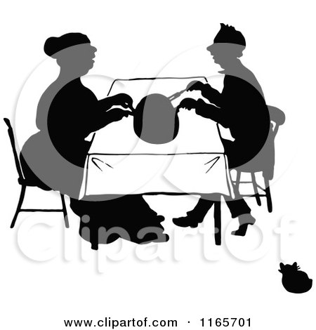 Clipart of a Silhouetted Couple Cutting a Meal - Royalty Free Vector Illustration by Prawny Vintage