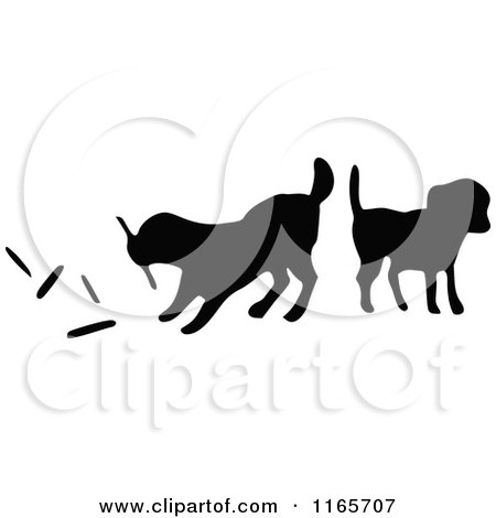 Clipart of Silhouetted Dogs Playing with Sticks - Royalty Free Vector Illustration by Prawny Vintage