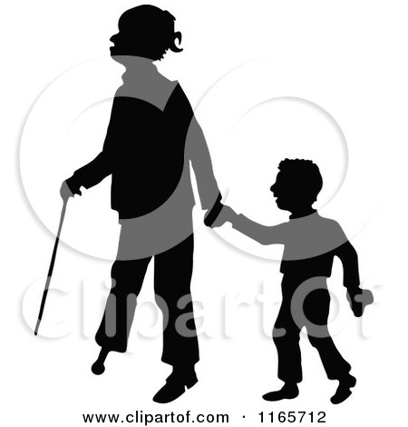 Clipart of a Silhouetted Boy and Peg Legged Father - Royalty Free Vector Illustration by Prawny Vintage