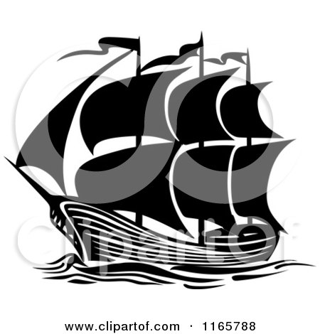 Clipart of a Black and White Brigantine Ship - Royalty Free Vector Illustration by Vector Tradition SM