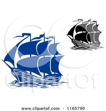 Clipart of Blue and Black and White Brigantine Ships - Royalty Free Vector Illustration by Vector Tradition SM