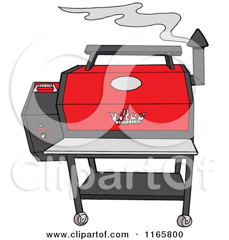 Cartoon of a Smoking Grey and Red Pellet Grill - Royalty Free Vector Clipart by LaffToon