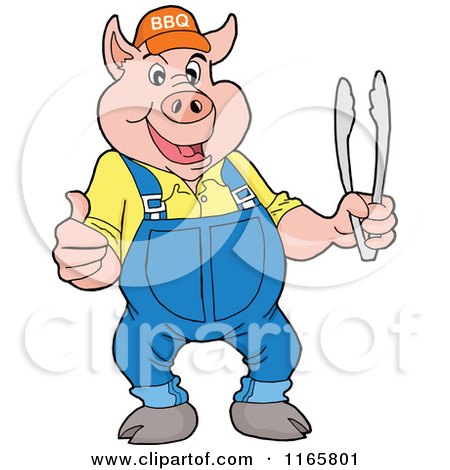 Cartoon of a Pig Wearing Overalls and a Bbq Hat and Holding Tongs and a Thumb up - Royalty Free Vector Clipart by LaffToon