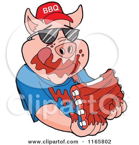 Cartoon of a Pig Wearing Shades and a Bbq Hat and Eating Messy Ribs - Royalty Free Vector Clipart by LaffToon