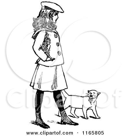Clipart of a Retro Vintage Black and White Girl Walking with a Cat - Royalty Free Vector Illustration by Prawny Vintage
