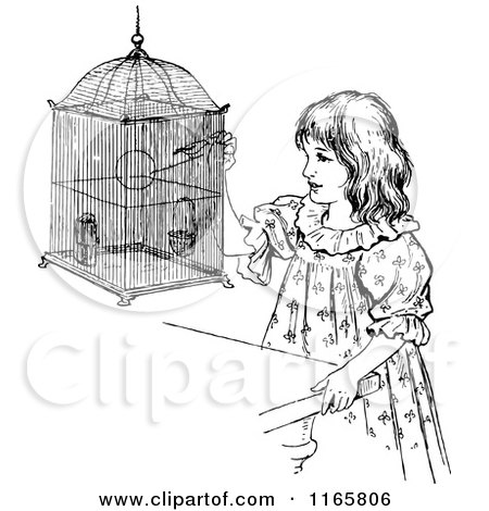 Clipart of a Retro Vintage Black and White Girl with a Budgie - Royalty Free Vector Illustration by Prawny Vintage