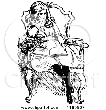 Clipart of a Retro Vintage Black and White Bord Girl Sitting with a Book - Royalty Free Vector Illustration by Prawny Vintage