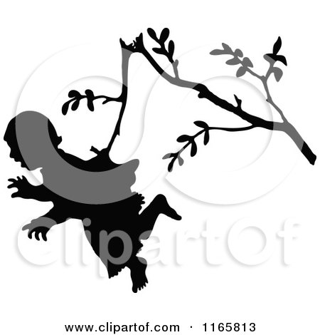 Clipart of a Silhouetted Girl Hanging from a Branch - Royalty Free Vector Illustration by Prawny Vintage
