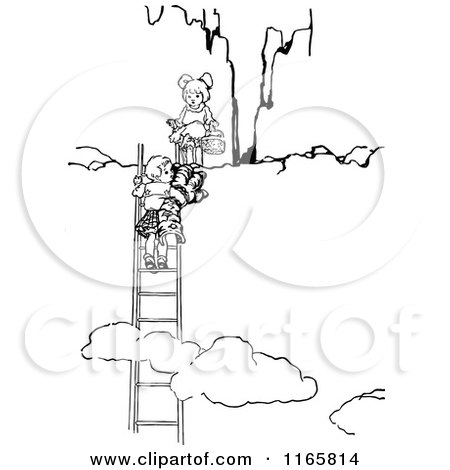 Clipart of Retro Vintage Black and White Children Climbing Above Clouds - Royalty Free Vector Illustration by Prawny Vintage