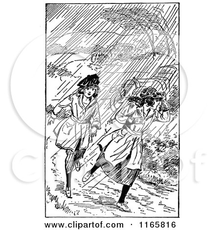 Clipart of Retro Vintage Black and White Girls Running in the Rain - Royalty Free Vector Illustration by Prawny Vintage