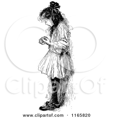 Clipart of a Retro Vintage Black and White Bored Girl Looking at Her Nails - Royalty Free Vector Illustration by Prawny Vintage