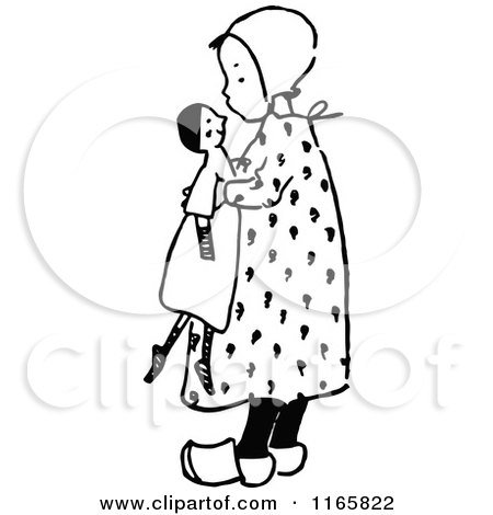 Clipart of a Retro Vintage Black and White Girl Holding a Doll - Royalty Free Vector Illustration by Prawny Vintage